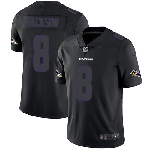 Custom Ravens #8 Lamar Jackson Black Men’s Stitched NFL Limited Rush Impact Jersey
