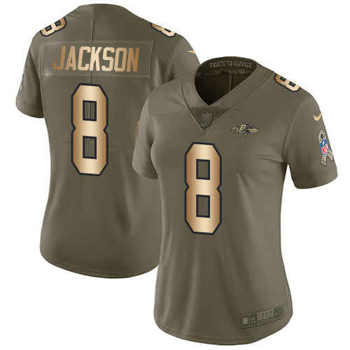 Custom Ravens #8 Lamar Jackson Olive Gold Women’s Stitched NFL Limited 2017 Salute to Service Jersey