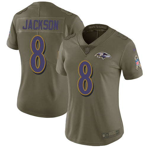 Custom Ravens #8 Lamar Jackson Olive Women’s Stitched NFL Limited 2017 Salute to Service Jersey