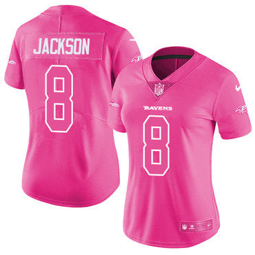 Custom Ravens #8 Lamar Jackson Pink Women’s Stitched NFL Limited Rush Fashion Jersey