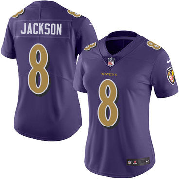 Custom Ravens #8 Lamar Jackson Purple Women’s Stitched NFL Limited Rush Jersey