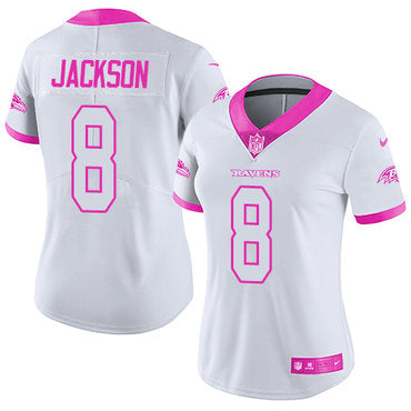Custom Ravens #8 Lamar Jackson White Pink Women’s Stitched NFL Limited Rush Fashion Jersey