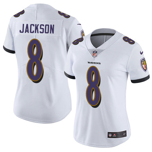 Custom Ravens #8 Lamar Jackson White Women’s Stitched NFL Vapor Untouchable Limited Jersey