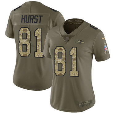 Custom Ravens #81 Hayden Hurst Olive Camo Women’s Stitched NFL Limited 2017 Salute to Service Jersey