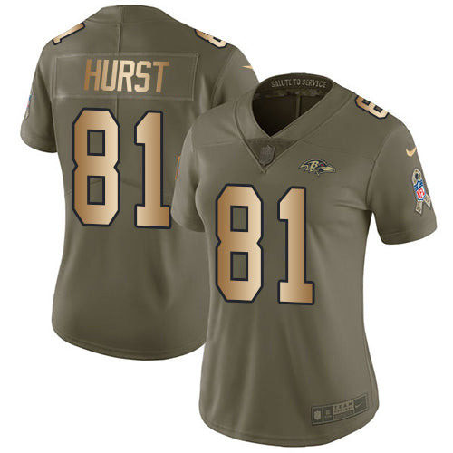 Custom Ravens #81 Hayden Hurst Olive Gold Women’s Stitched NFL Limited 2017 Salute to Service Jersey