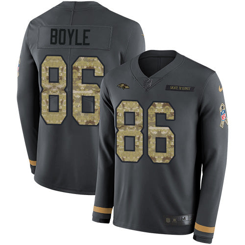 Custom Ravens #86 Nick Boyle Anthracite Salute to Service Men’s Stitched NFL Limited Therma Long Sleeve Jersey