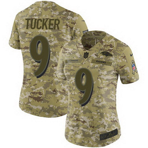 Custom Ravens #9 Justin Tucker Camo Women’s Stitched NFL Limited 2018 Salute to Service Jersey