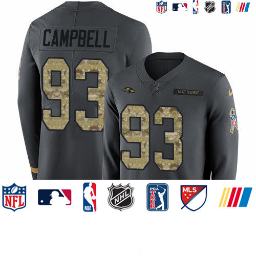 Custom Ravens #93 Calais Campbell Anthracite Salute to Service Men’s Stitched NFL Limited Therma Long Sleeve Jersey