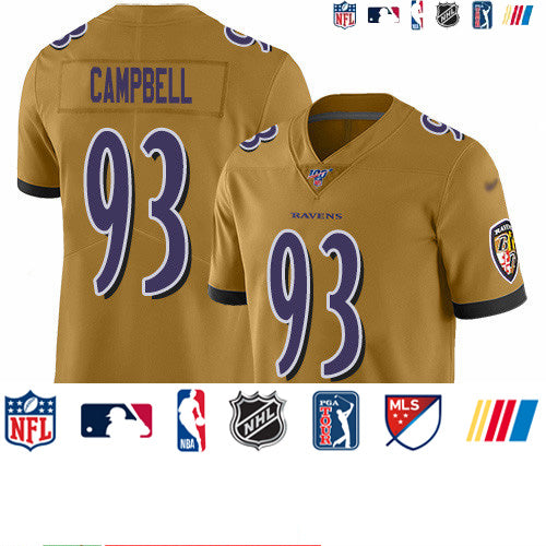 Custom Ravens #93 Calais Campbell Gold Men’s Stitched NFL Limited Inverted Legend 100th Season Jersey