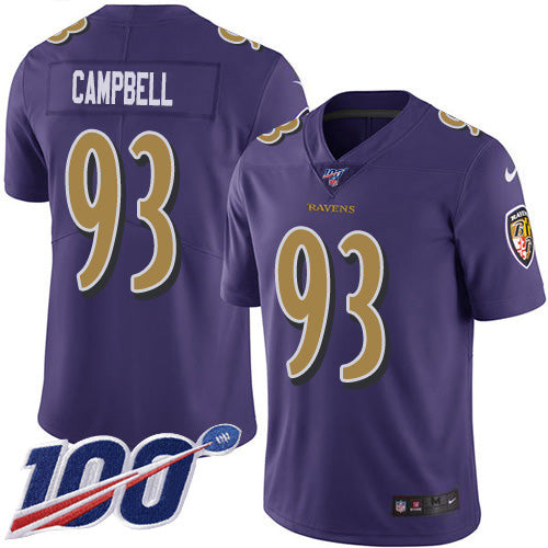 Custom Ravens #93 Calais Campbell Purple Men’s Stitched NFL Limited Rush 100th Season Jersey