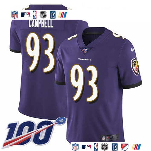 Custom Ravens #93 Calais Campbell Purple Team Color Men’s Stitched NFL 100th Season Vapor Untouchable Limited Jersey