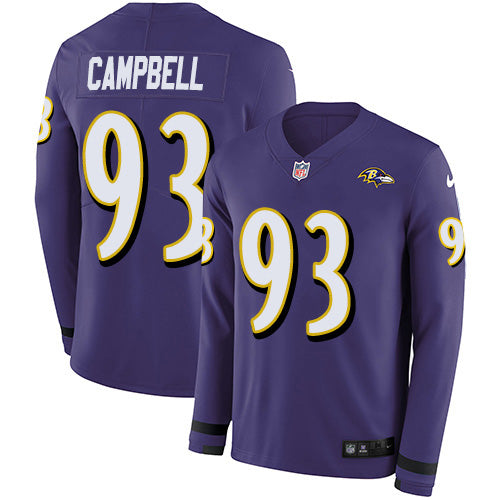 Custom Ravens #93 Calais Campbell Purple Team Color Men’s Stitched NFL Limited Therma Long Sleeve Jersey