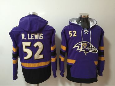 Custom Ravens 52 Ray Lewis Purple All Stitched Hooded Sweatshirt