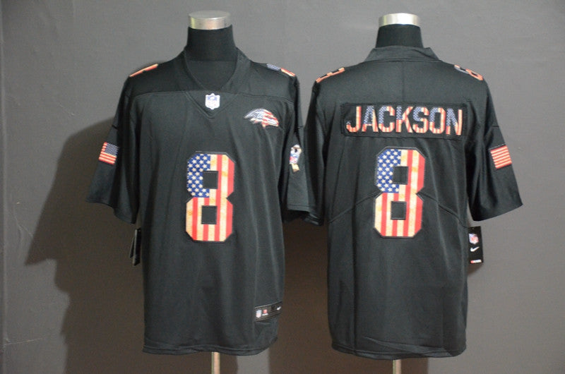 Custom Ravens 8 Lamar Jackson 2019 Black Salute To Service USA Flag Fashion Limited Jersey