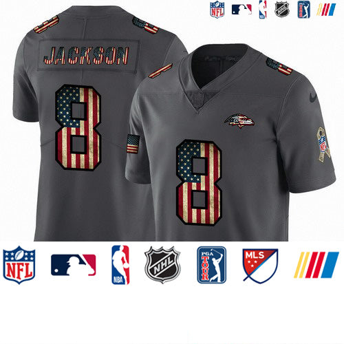 Custom Ravens 8 Lamar Jackson 2019 Salute To Service USA Flag Fashion Limited Jersey