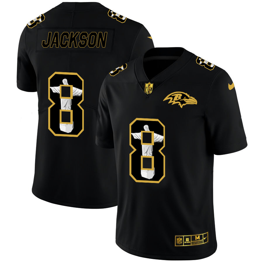 Custom Ravens 8 Lamar Jackson Black Jesus Faith Edition Limited Jersey