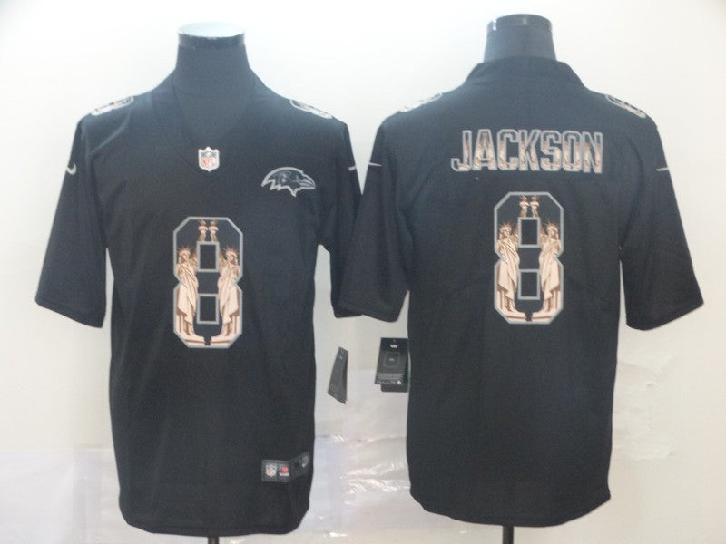 Custom Ravens 8 Lamar Jackson Black Statue Of Liberty Limited Jersey