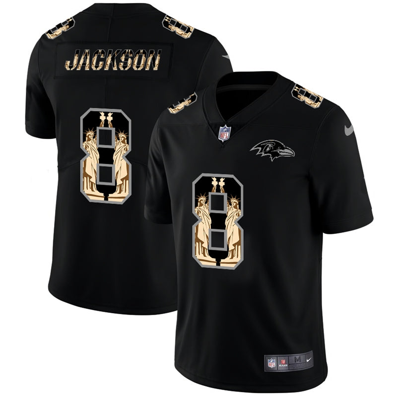 Custom Ravens 8 Lamar Jackson Black Statue Of Liberty Limited Jersey