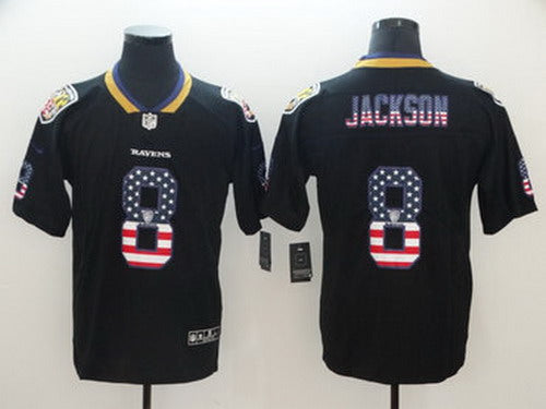 Custom Ravens 8 Lamar Jackson Black USA Flag Fashion Limited Jersey