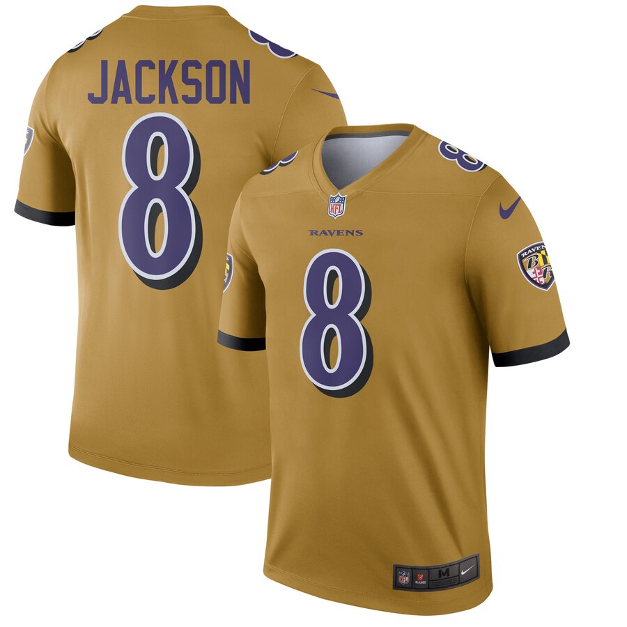 Custom Ravens 8 Lamar Jackson Gold Inverted Legend Jersey