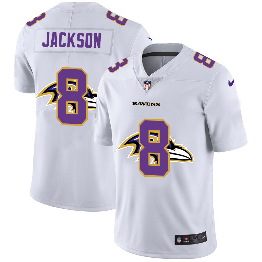 Custom Ravens 8 Lamar Jackson White Shadow Logo Limited Jersey