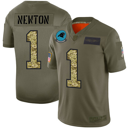 Custom Panthers #1 Cam Newton Olive Camo Men’s Stitched Football Limited 2019 Salute To Service Jersey