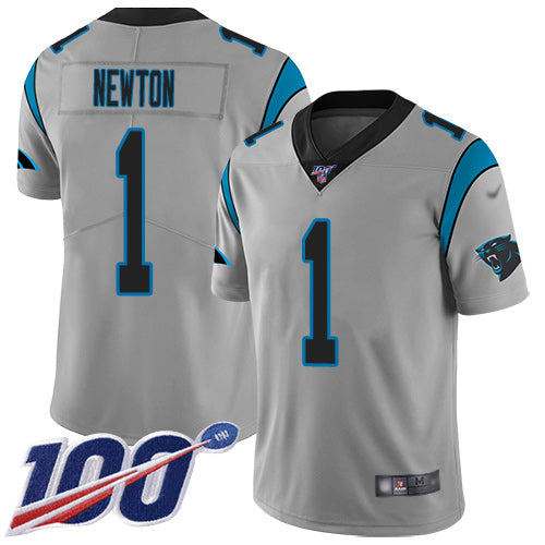Custom Panthers #1 Cam Newton Silver Men’s Stitched Football Limited Inverted Legend 100th Season Jersey