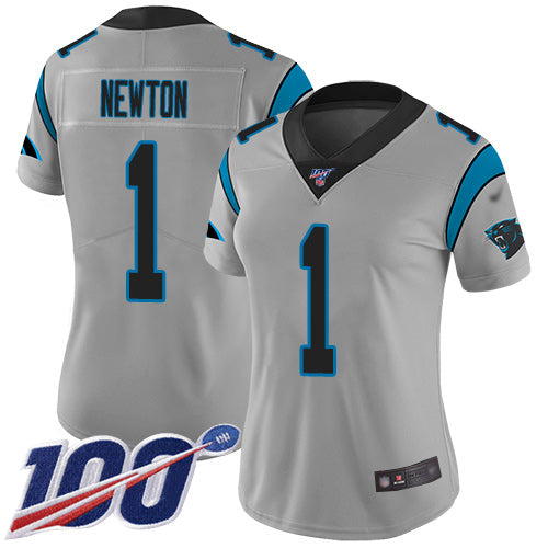 Custom Panthers #1 Cam Newton Silver Women’s Stitched Football Limited Inverted Legend 100th Season Jersey