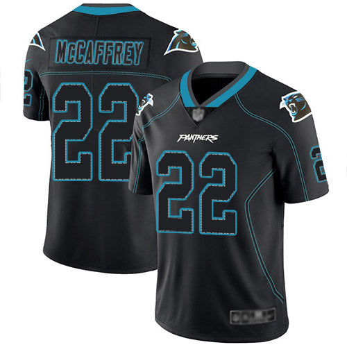 Custom Panthers #22 Christian McCaffrey Lights Out Black Men’s Stitched Football Limited Rush Jersey