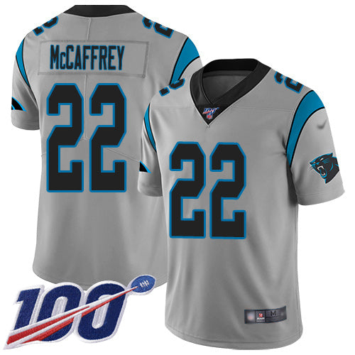 Custom Panthers #22 Christian McCaffrey Silver Men’s Stitched Football Limited Inverted Legend 100th Season Jersey