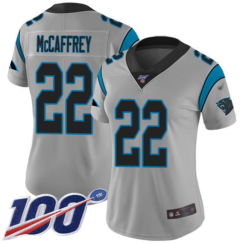 Custom Panthers #22 Christian McCaffrey Silver Women’s Stitched Football Limited Inverted Legend 100th Season Jersey