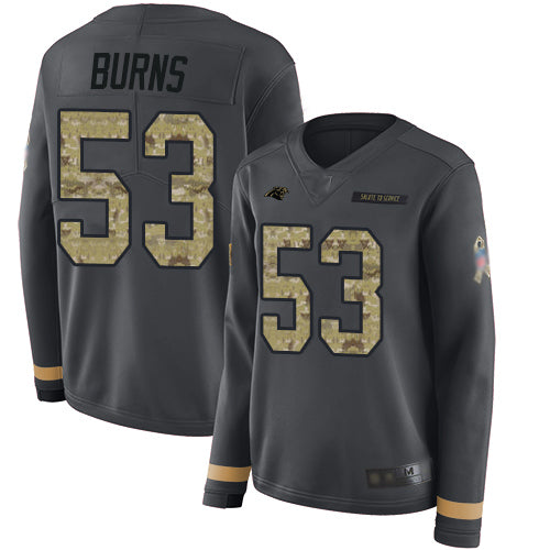 Custom Panthers #53 Brian Burns Anthracite Salute to Service Women’s Stitched Football Limited Therma Long Sleeve Jersey