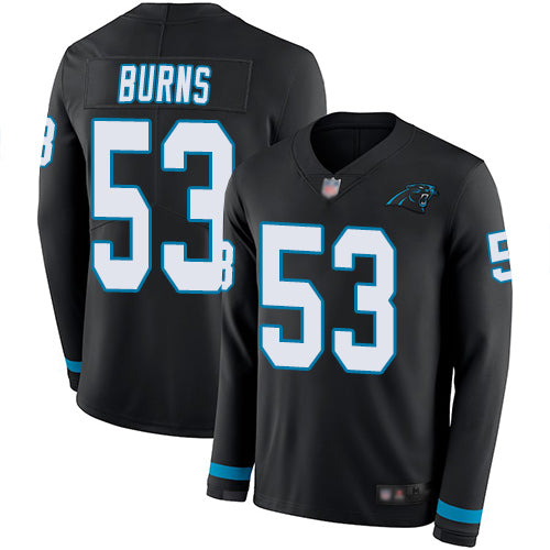 Custom Panthers #53 Brian Burns Black Team Color Men’s Stitched Football Limited Therma Long Sleeve Jersey
