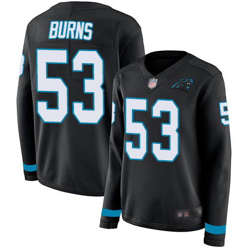 Custom Panthers #53 Brian Burns Black Team Color Women’s Stitched Football Limited Therma Long Sleeve Jersey