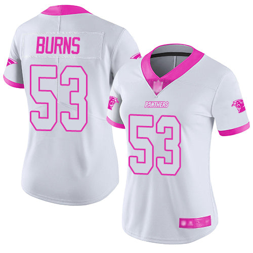 Custom Panthers #53 Brian Burns White Pink Women’s Stitched Football Limited Rush Fashion Jersey