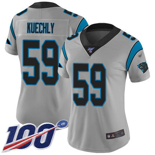 Custom Panthers #59 Luke Kuechly Silver Women’s Stitched Football Limited Inverted Legend 100th Season Jersey
