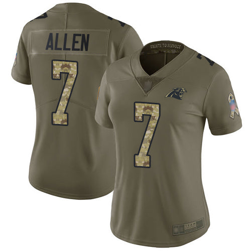 Custom Panthers #7 Kyle Allen Olive Camo Women’s Stitched Football Limited 2017 Salute to Service Jersey