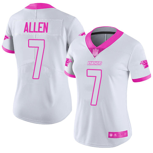 Custom Panthers #7 Kyle Allen White Pink Women’s Stitched Football Limited Rush Fashion Jersey