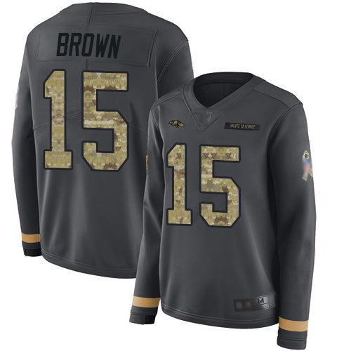 Custom Ravens #15 Marquise Brown Anthracite Salute to Service Women’s Stitched Football Limited Therma Long Sleeve Jersey