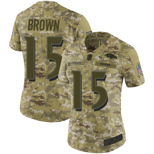 Custom Ravens #15 Marquise Brown Camo Women’s Stitched Football Limited 2018 Salute to Service Jersey