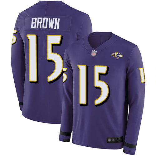 Custom Ravens #15 Marquise Brown Purple Team Color Men’s Stitched Football Limited Therma Long Sleeve Jersey