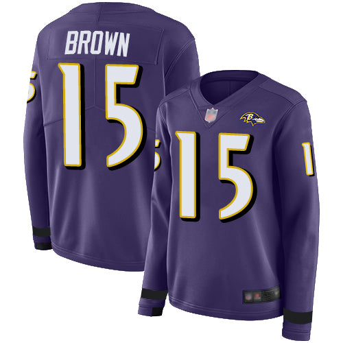 Custom Ravens #15 Marquise Brown Purple Team Color Women’s Stitched Football Limited Therma Long Sleeve Jersey