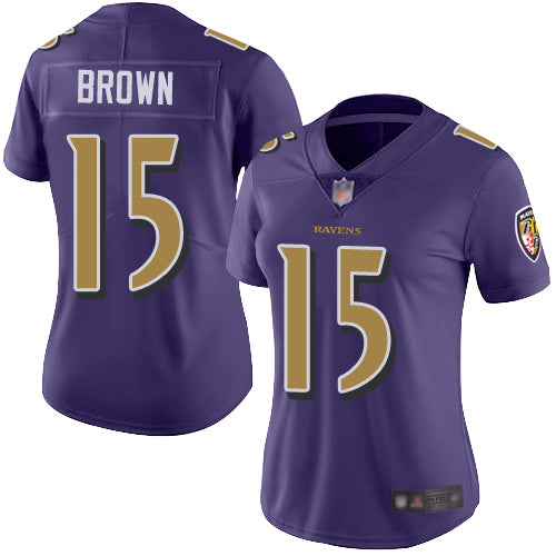Custom Ravens #15 Marquise Brown Purple Women’s Stitched Football Limited Rush Jersey
