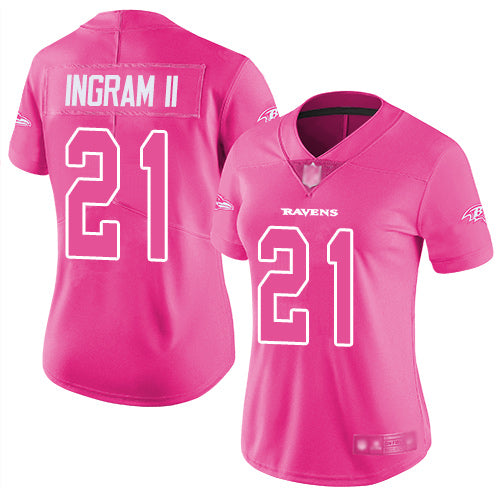 Custom Ravens #21 Mark Ingram II Pink Women’s Stitched Football Limited Rush Fashion Jersey