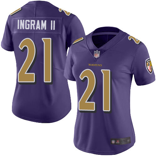 Custom Ravens #21 Mark Ingram II Purple Women’s Stitched Football Limited Rush Jersey