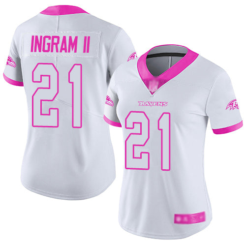 Custom Ravens #21 Mark Ingram II White Pink Women’s Stitched Football Limited Rush Fashion Jersey
