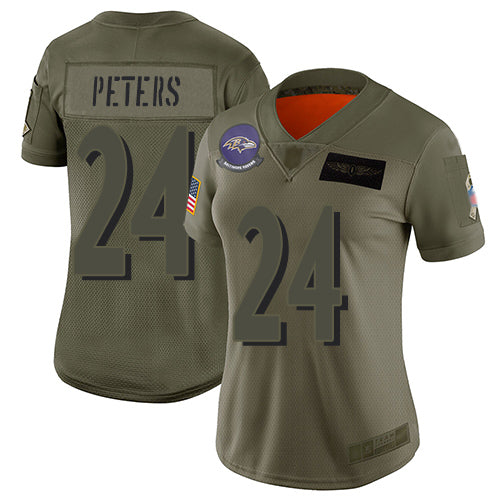 Custom Ravens #24 Marcus Peters Camo Women’s Stitched Football Limited 2019 Salute to Service Jersey