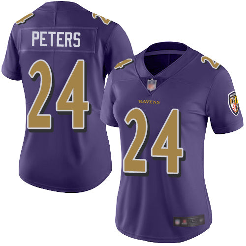 Custom Ravens #24 Marcus Peters Purple Women’s Stitched Football Limited Rush Jersey