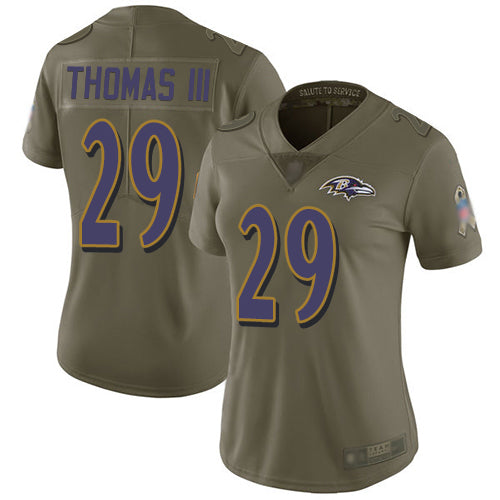 Custom Ravens #29 Earl Thomas III Olive Women’s Stitched Football Limited 2017 Salute to Service Jersey