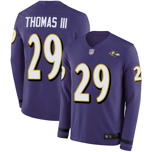 Custom Ravens #29 Earl Thomas III Purple Team Color Men’s Stitched Football Limited Therma Long Sleeve Jersey